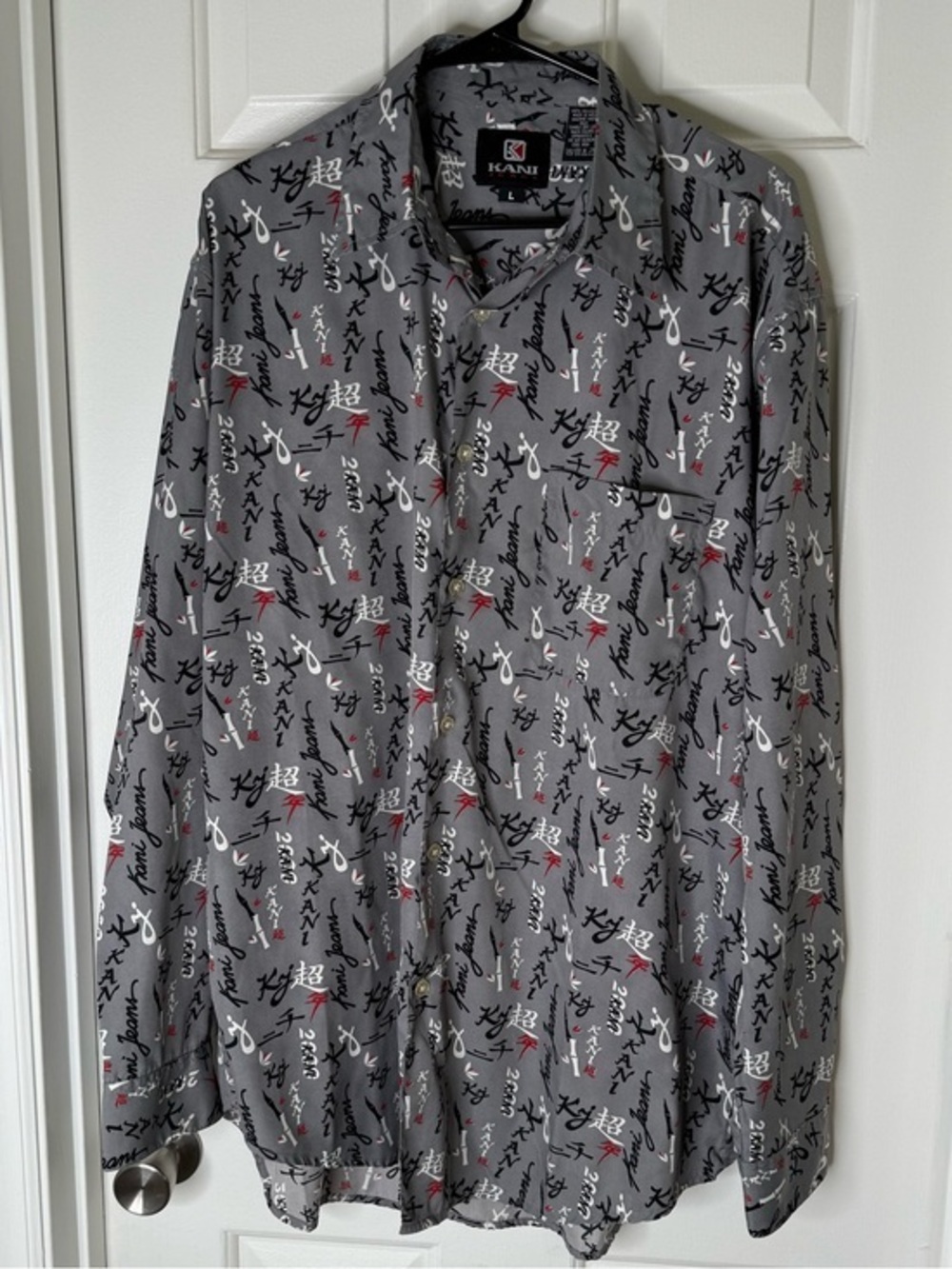Karl Kani Gray Button-Down Shirt with Black, White & Red Script